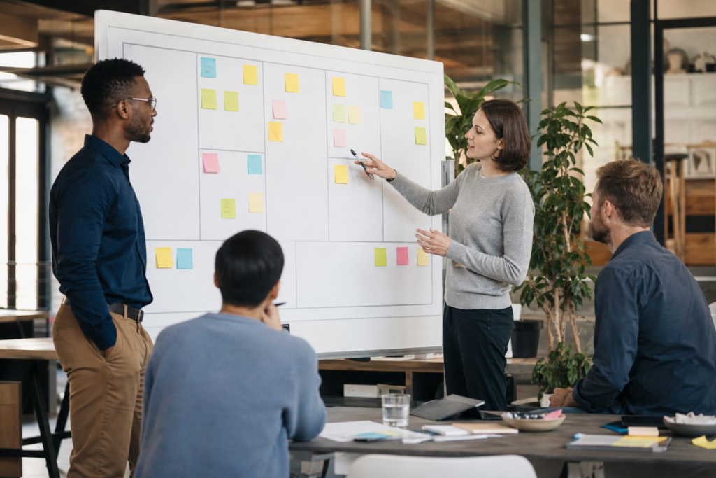 Quatre personnes en réunion devant un tableau blanc avec un Business Model Canvas et des post-it colorés