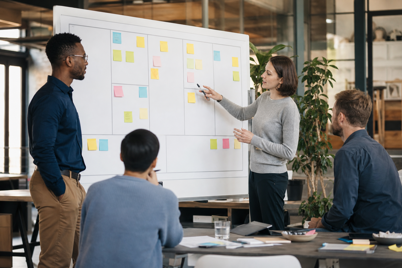 Quatre personnes en réunion devant un tableau blanc avec un Business Model Canvas et des post-it colorés