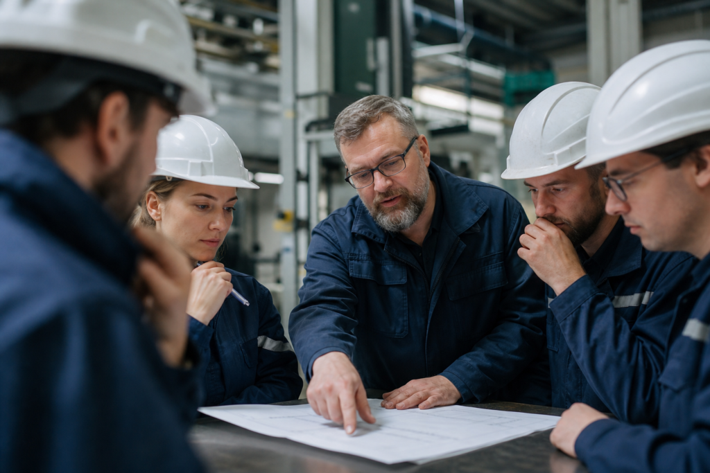 Un formateur explique un plan à quatre inspecteurs en tenue de travail et casque blanc dans une usine