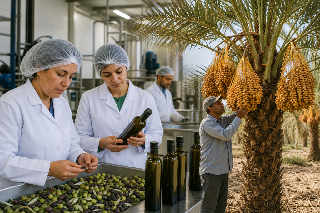 Deux femmes en blouse blanche et charlotte examinent des olives et une bouteille d'huile, un homme inspecte des régimes de dattes sur un palmier
