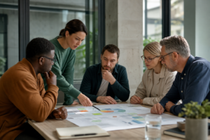 Cinq personnes concentrées autour d'une table analysant des graphiques et documents pour résoudre un problème