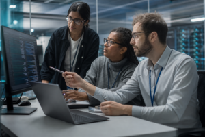 Trois professionnels concentrés regardant un écran d’ordinateur affichant du code informatique dans un bureau moderne