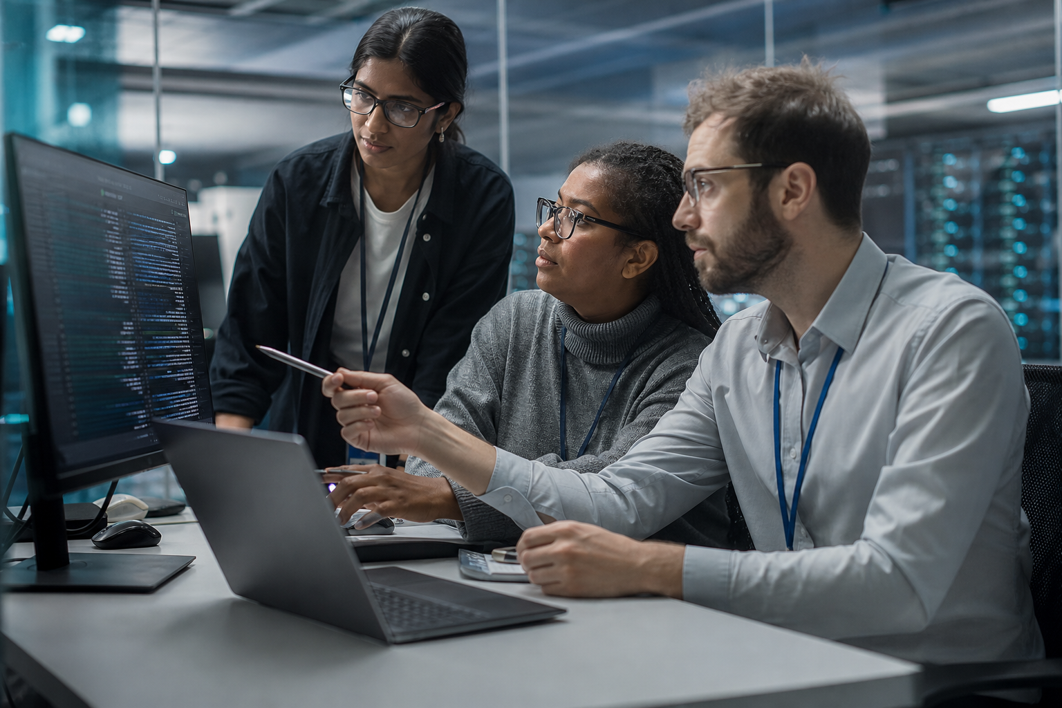 Trois professionnels concentrés regardant un écran d’ordinateur affichant du code informatique dans un bureau moderne