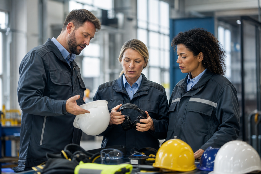 Trois personnes en tenue de travail discutent d'un casque de sécurité et d'un casque antibruit dans un atelier industriel