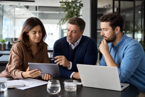 Trois professionnels discutent autour d'une tablette et d'un ordinateur portable dans un bureau moderne