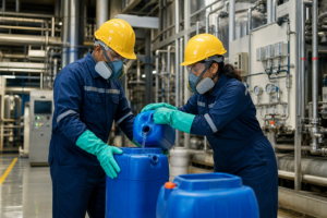 Deux ouvriers en combinaison bleue, casque jaune, gants verts et masque respiratoire versent un liquide dans un grand bidon bleu en milieu industriel