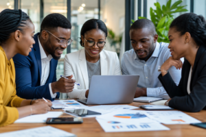 Cinq professionnels discutent autour d'un ordinateur portable avec des documents financiers sur la table